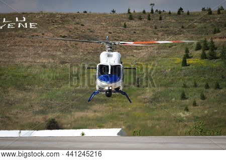 Ankara, Turkey - June 26, 2021: Turkish Police Force Bell 429 Globalranger Helicopter Performing