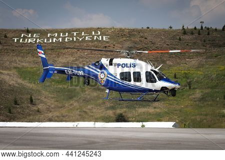 Ankara, Turkey - June 26, 2021: Turkish Police Force Bell 429 Globalranger Helicopter Performing