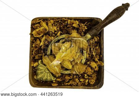 Dried Chilli Paste With Crispy Fish Thai Style Or Crispy Fish Chilli Paste In Wooden Bowl Isolated O