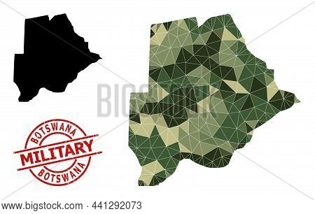 Low-poly Mosaic Map Of Botswana, And Rubber Military Stamp. Low-poly Map Of Botswana Constructed Fro