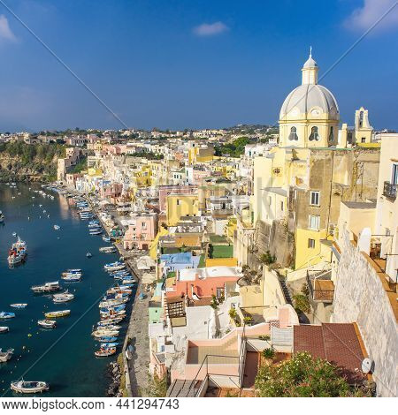 Aerial Drone View Of Corricella Fisherman Village In Procida Island Naples Italy