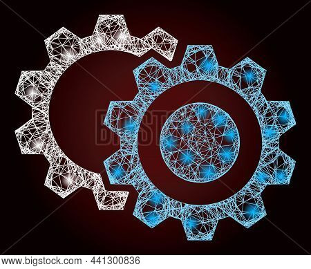 Glossy Network Gears With Glowing Spots On A Dark Red Gradiented Background. Vector Frame Based On G