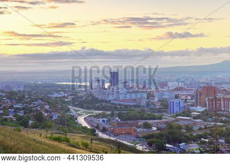 Krasnoyarsk, Siberia, Russia-09.01.2021: Panorama Of The City Center And Surrounding Hills, View Fro