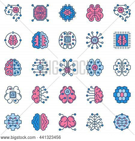 Artificial Intelligence Brain Colored Icons. Vector Ai Cyberbrain Signs