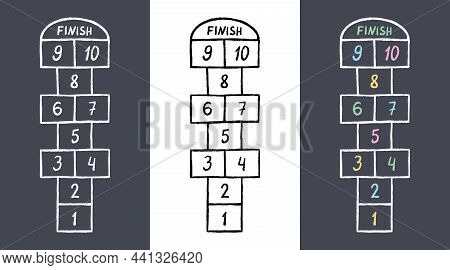 Hopscotch Kid Activity Game. Hopscotch With Color Numbers Drawn In Chalk On Asphalt. Outdoor Summer 