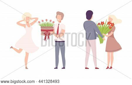 Man Giving Bouquet Of Flowers To Woman Making Gallant Gesture Vector Set