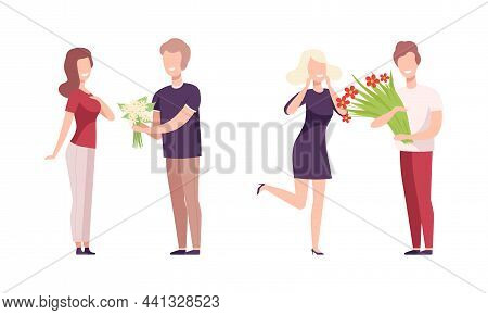Man Giving Bouquet Of Flowers To Woman Making Gallant Gesture Vector Set
