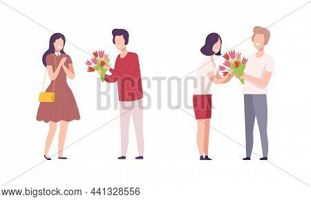Man Giving Bouquet Of Flowers To Woman Making Gallant Gesture Vector Set