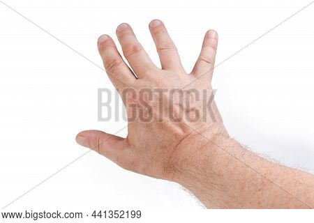 Right Hand Of Adult Man Outstretched Forward Away From Yourself With Spread All Fingers, Situated Wi