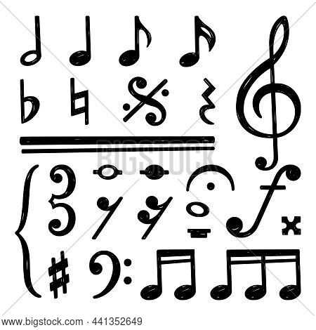Black Music Notes. Doodle Note, Musical Key Or Clef. Tune Or Song Elements, Sketch Symphony. Isolate