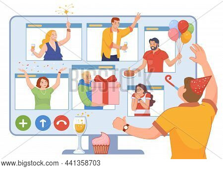 Birthday Online Party. Virtual Event, Happy Friends Celebrate Holiday In Video Call, Digital Congrat
