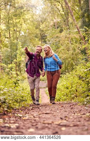 Mature Loving Couple In Countryside Hiking Along Path Through Forest Together Holding Hands