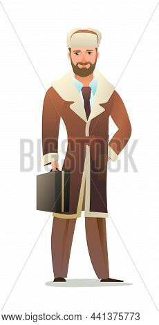 Man In Winter Clothes. Sheepskin Coat And Warm Hat. Guy In Winter. Cheerful Person. Standing Pose. C