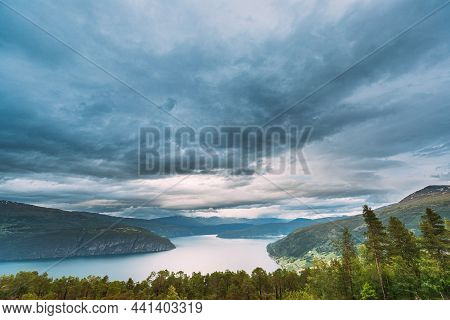 Utvik, Sogn Og Fjordane County, Norway. Norwegian Mountain Lake Landscape. The Innvikfjord Is A Sub-