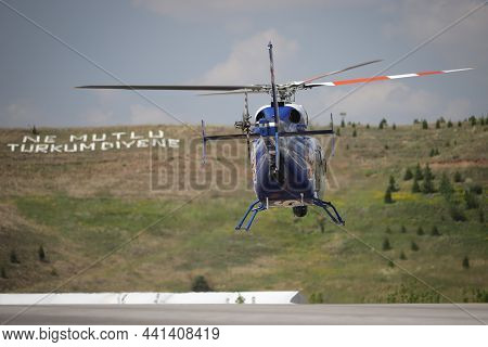 Ankara, Turkey - June 26, 2021: Turkish Police Force Bell 429 Globalranger Helicopter Performing