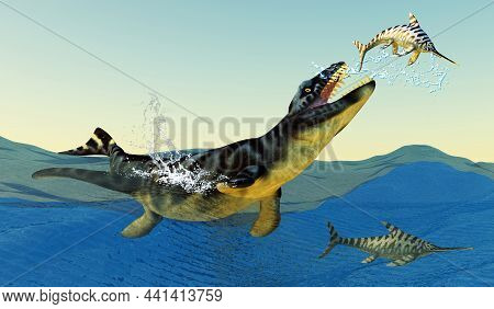 Dakosaurus Attacks Eurohinosaurus 3d Illustration - A Eurohinosaurus Jumps Out Of The Sea Trying To 