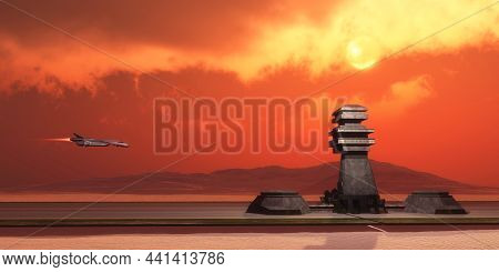 Mars Planet Outpost 3d Illustration - An Airport On Mars Planet Receives A Starcraft From Earth.
