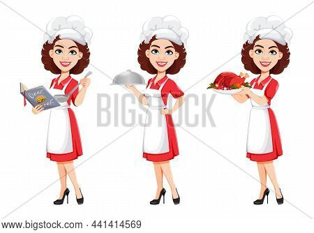Chef Woman, Set Of Three Poses. Cook Lady In Professional Uniform. Cute Cartoon Character. Stock Vec