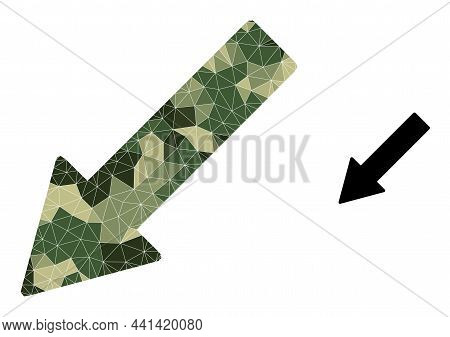 Camouflage Lowpoly Collage Left Down Arrow Icon. Lowpoly Left Down Arrow Pictogram Designed Of Scatt