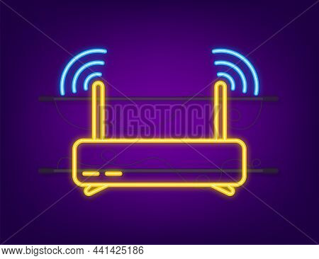 Network Router Neon Icon. Wifi Router, Wireless Broadband Modem. Communication Access Network. Vecto