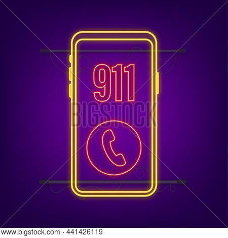 911 Smartphone In Flat Style. Call Icon Vector. Hand Holding Smartphone. First Aid. Finger Touch Scr