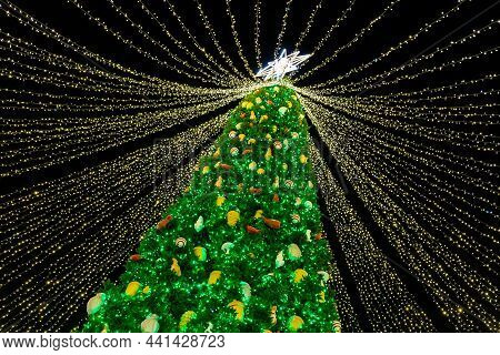 Beautiful Scenic Decorated Christmas Tree With Decorations And Illuminated By Light Garlands Against