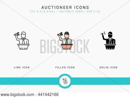 Auctioneer Icons Set Vector Illustration With Solid Icon Line Style. Auction Act Concept. Editable S