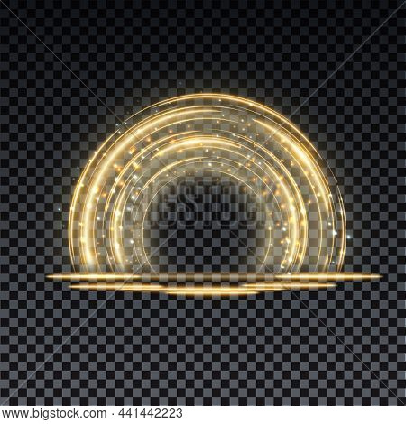 Gold Magic Arc. Abstract Magic Light Effect. Luminous Neon Lines With Flying Lights.