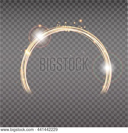 Gold Magic Arc. Abstract Magic Light Effect. Luminous Neon Lines With Flying Lights.