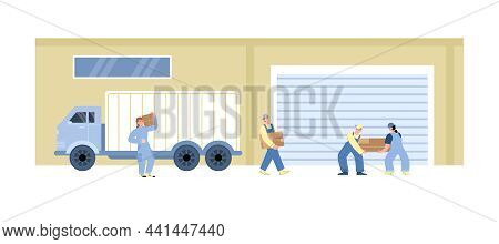 Warehouse Building With Workers Unloading Cargo Truck For Distribution Or Storage