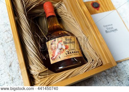 Tyumen, Russia-november 27, 2021: Cognac Lheraud Vieux Millenaire. Founder Is Alexander Lero.