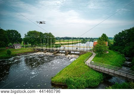 An Aerial View With Drone In The Background Above A Weir In The River Vecht In The Netherlands. Down
