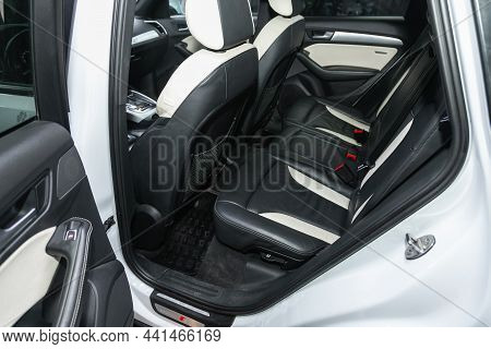 Novosibirsk, Russia - November 18, 2021:  Audi Q5, Car Interior: Black Back Seats, Headrests And Bel