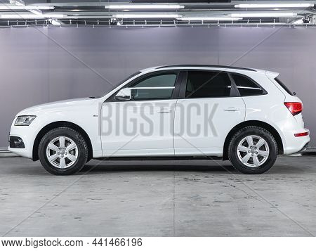Novosibirsk, Russia - November 18, 2021:  White Audi Q5, Side View. Popular Suv On A Parking