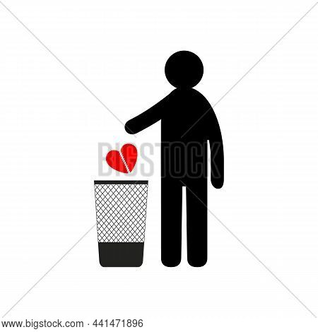 Man Throws Broken Heart Into Trash Can. Conceptual Vector Clipart And Drawing. Isolated Illustration
