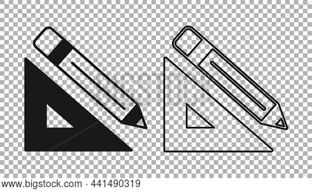 Black Triangular Ruler And Pencil Icon Isolated On Transparent Background. Straightedge Symbol. Draw