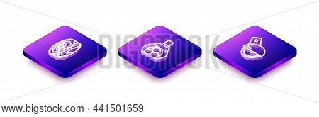 Set Isometric Line Tree Rings, Grapple Crane Grabbed A Log And Electric Circular Saw Icon. Vector