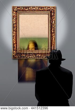 A Famous Painting Falls Out Of It's Frame On An Art Gallery Wall As An Art Patron Watches In This 3-