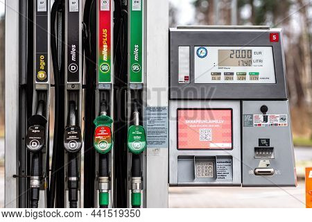 Riga, Latvia, January 2, 2021: Circle K Gas Station With Fuel, Oil, Gasoline And Diesel, Close-up Of