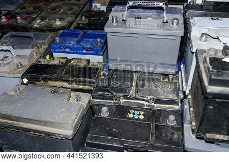 Pallet With Many Used Car Batteries For Recycling
