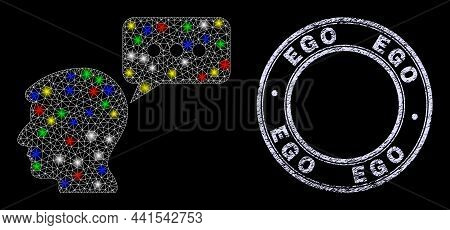 Glossy Polygonal Mesh Net User Mention Icon With Glare Effect On A Black Background With Ego Texture