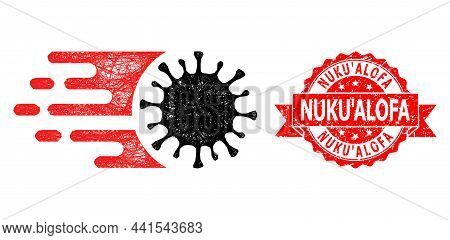 Wire Frame Rush Virus Icon, And Nukualofa Scratched Ribbon Stamp Seal. Red Stamp Seal Has Nukualofa 