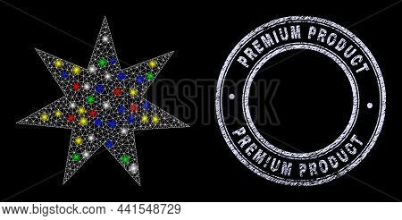 Glossy Polygonal Mesh Net Seven Pointed Star Icon With Glare Effect On A Black Background With Premi