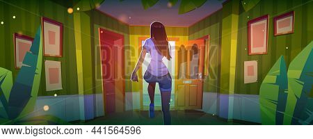 Woman Escape Home Into Open Door With Ocean View Outside. Time To Travel, Freedom, Adventure, End Of