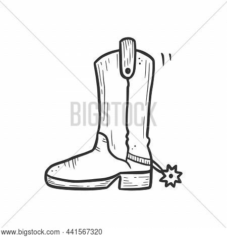 Hand Drawn Cowboy Boot With Spur Element. Comic Doodle Sketch Style. Boot For Cowboy, Western Concep