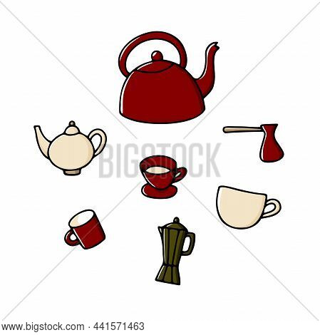Doodle Teapot Set. Hand-drawn Color Kettle, Cup, Moka, Turka On White Background. Cozy Kitchen Utens