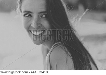 Happy woman wallpaper background, monotone filter