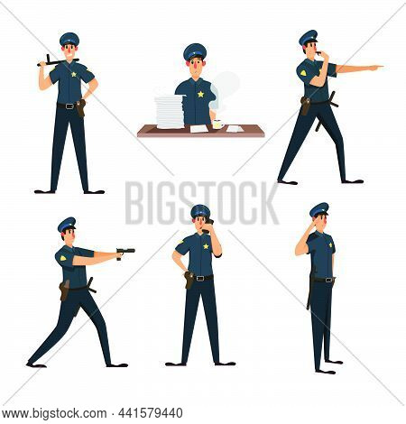 Policeman Character In Action Poses Set. Vector Illustrations Of Patrol Officer In Cop Outfit With G