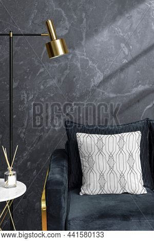 Vintage art deco printed cushion on a sofa interior design