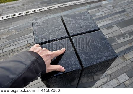 Black Gabbro Stone Prism. It Stands In The Park And Is Bevelled And Polished. If It Gets Wet, Can Pl